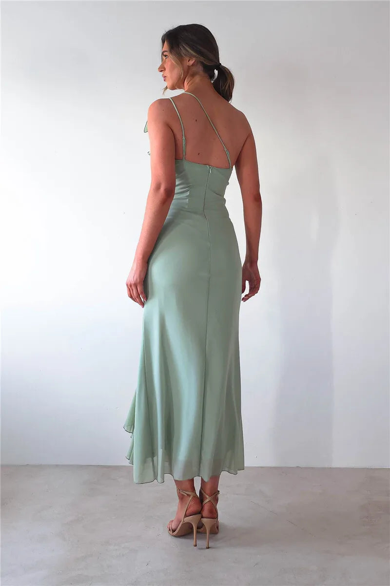 One Shoulder Draped Ruffle Maxi Dress Women Gown Fashion Diagonal Collar Backless Sleeveless Split Long Dress Elegant