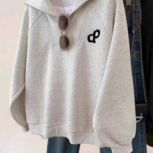 Load image into Gallery viewer, New Casual Women's Autumn Winter Sweatershir New Korean Version Grey Large Size Versatile Long Sleeved Zipper Cotton Top Popular
