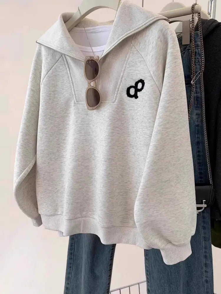 New Casual Women's Autumn Winter Sweatershir New Korean Version Grey Large Size Versatile Long Sleeved Zipper Cotton Top Popular