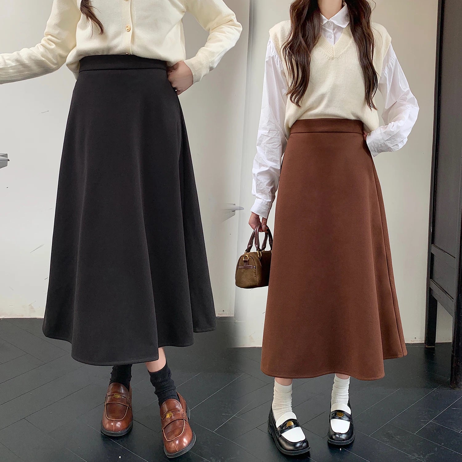 Autumn Winter Solid Large Size Woolen Long Skirt Women Fashion Korean Ladies High Waist Festival Pleated A-line Skirt Simplicity