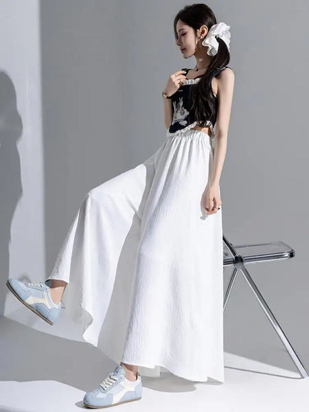 New Spring Summer White Loose Elastic High Waist Wide-leg Pants Casual Fashion Black Pleated Trousers Women Streetwear clothing