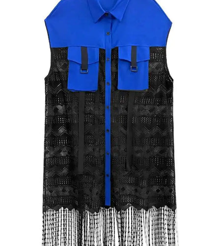 Women Army Green Lace Perspective Tassels Midi Shirt Dress New Lapel Sleeveless Fashion Tide Spring Summer 2025 1DH4540