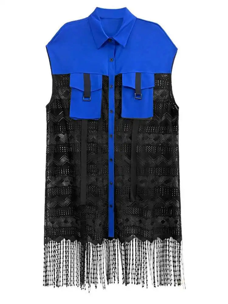 Women Army Green Lace Perspective Tassels Midi Shirt Dress New Lapel Sleeveless Fashion Tide Spring Summer 2025 1DH4540