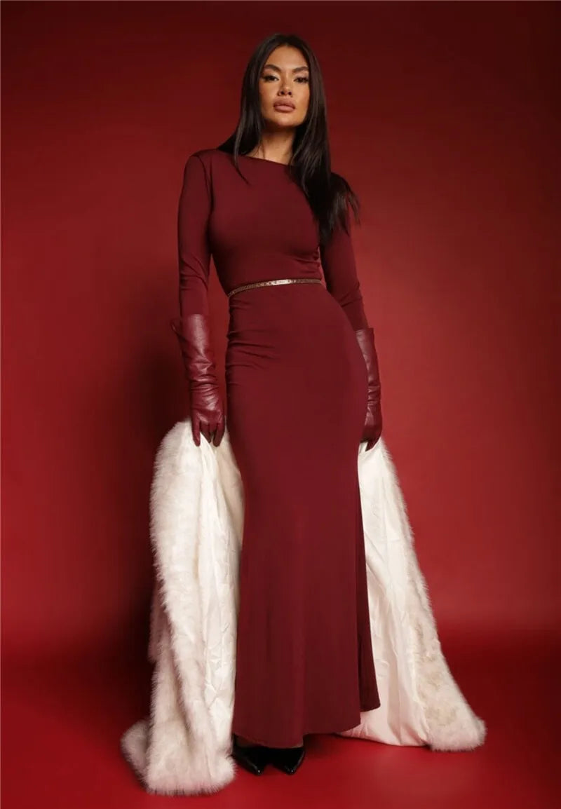 Two Butterfly Long Sleeve Sexy Maxi Dress For Women Gown Fashion Hollow Out V Neck Backless Bodycon Club Long Dress