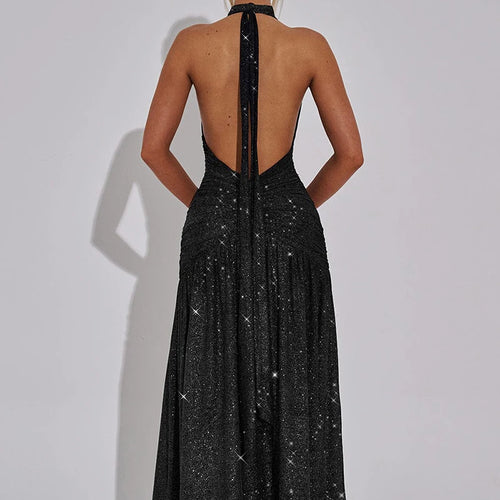 Load image into Gallery viewer, Glitter Deep V Neck Sexy Maxi Dress For Women 2025 Fashion Sparkle Halter Sleeveless Backless Split Club Long Dress
