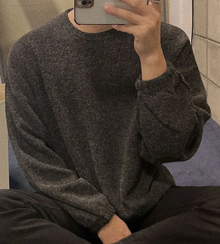 Men Long Sleeve Sweatshirts Round Neck Design New Spring Korean Loose Solid Color Casual Pullover Male Clothing 9W1484