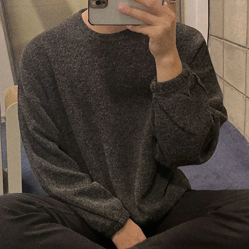 Men Long Sleeve Sweatshirts Round Neck Design New Spring Korean Loose Solid Color Casual Pullover Male Clothing 9W1484