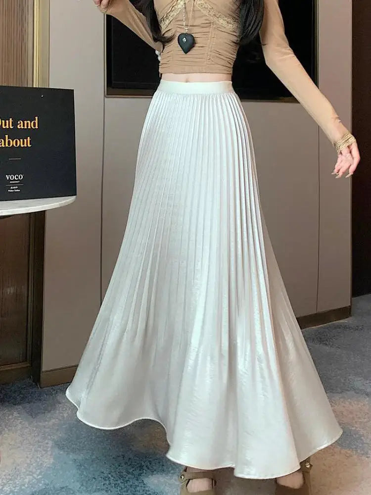 Spring Summer French Fashion Black Beige Elegant Sexy Pleated Long Skirt Women Grey High Waist Festival Slim Skirts 2025 Popular