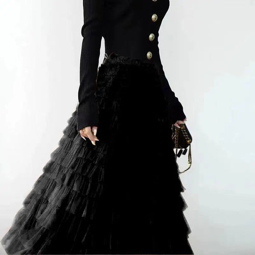 Load image into Gallery viewer, Solid Mesh Cake Skirts Women Elegant Cascading Ruffles A Line Long Skirt Female Casual Elastic Waist Party Princess Skirt French
