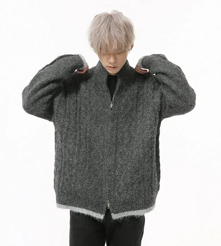 Men's Wear Double Zipper Sweaters Mock Neck Contrast Color Loose Contrast Color Casual Male Knitted Cardigan Korean 9C9294