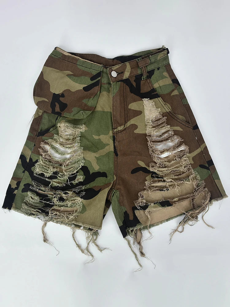 Camouflage Sumemr Shorts For Women High Waist Patchwork Lace Up Hole Hollow Out Short Pants Female Fashion Clothes