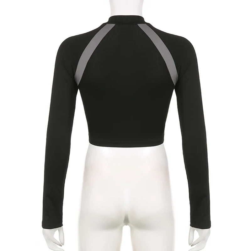 Harajuku Stripe Stitch Skinny Autumn Tee T-shirt Women Moto&Biker Style Invisible Zipper Crop Top Sporty Stand Collar