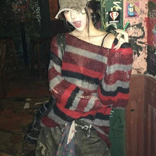 Load image into Gallery viewer, Streetwear Stripe Y2k Aesthetic Sweaters Vintage Harajuku Grunge Slash Neck Jumpers Loose Knitted Women Hollow Out Pullovers
