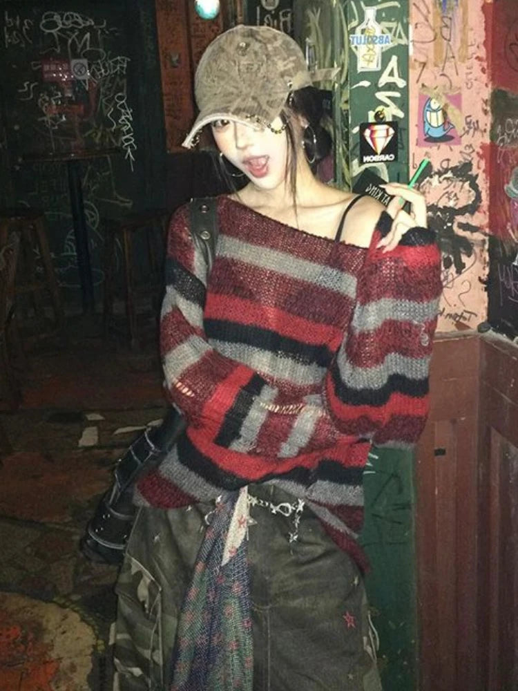 Streetwear Stripe Y2k Aesthetic Sweaters Vintage Harajuku Grunge Slash Neck Jumpers Loose Knitted Women Hollow Out Pullovers