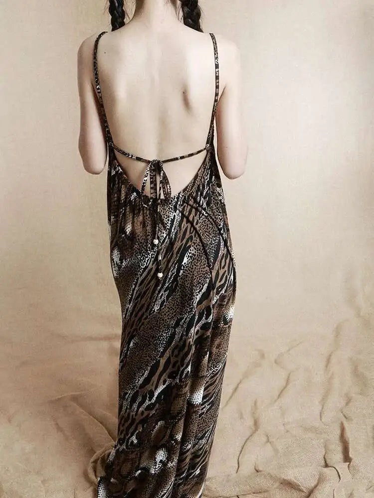 Women Coffee Leopard Printed Long Spaghetti Strap Dress New Square Collar Sleeveless Fashion Spring Autumn 2025 1DH8446