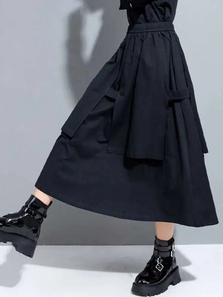 High Elastic Waist Black Layers Irregular Long A-line Half-body Skirt Women Fashion Tide New Spring Autumn 2025 1DH1082