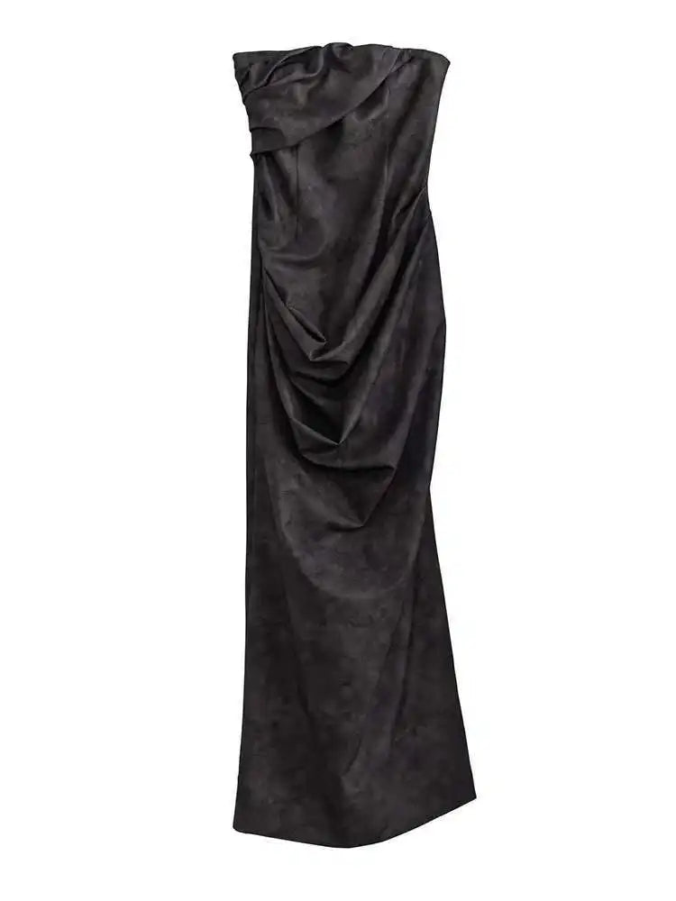 Women Gray Shaped Pleated Pu Leather Long Elegant Strapless Dress New Sleeveless Fashion Tide Spring Autumn 2025 1DH4724