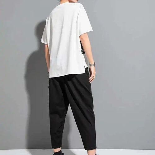 Load image into Gallery viewer, Women Black Printed Irregular Pleated Big Size T-shirt New Round Neck Short Sleeve Fashion Tide Spring Summer 2025 1DF8956
