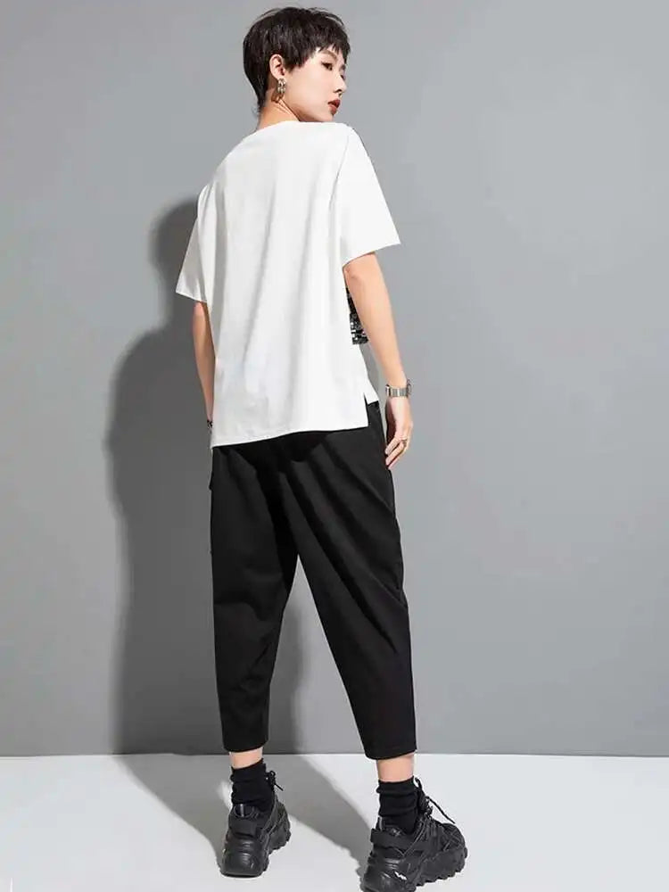 Women Black Printed Irregular Pleated Big Size T-shirt New Round Neck Short Sleeve Fashion Tide Spring Summer 2025 1DF8956