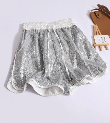 Vintage Women's Silver Sequin Drawstring Lace-up Shorts Summer High Waist Fashion Black Wide Leg Short Pants Versatile Sexy Club