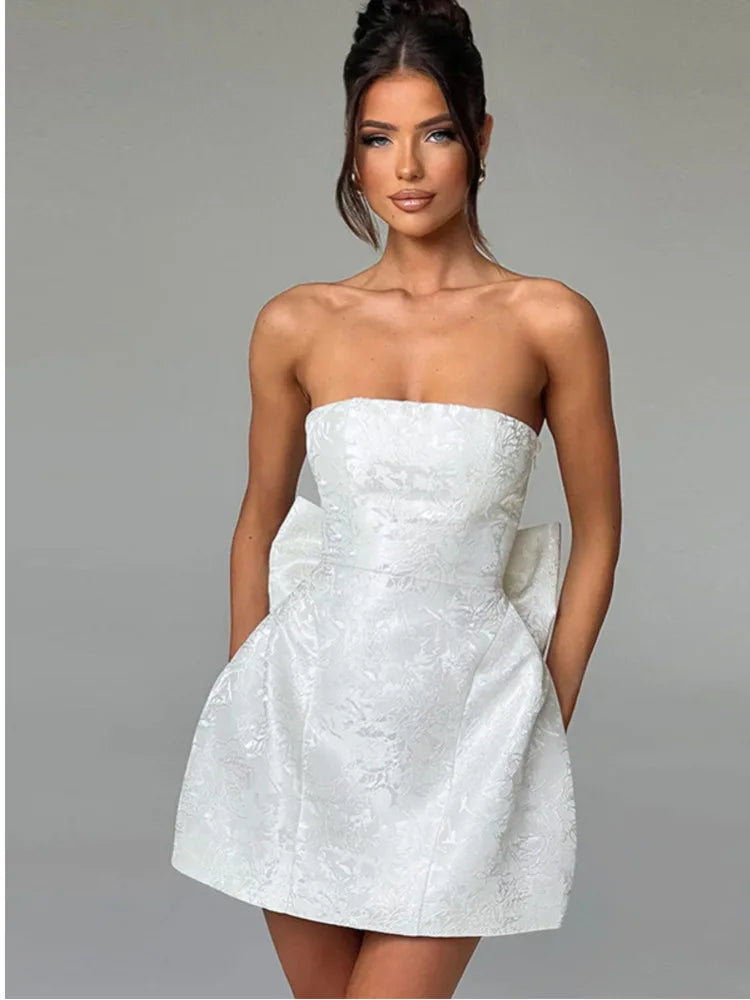 Elegant Strapless Butterfly Knot Open Back Short Dress Women 2024 Summer New Sexy Mini Dress Tight Party Evening Dress