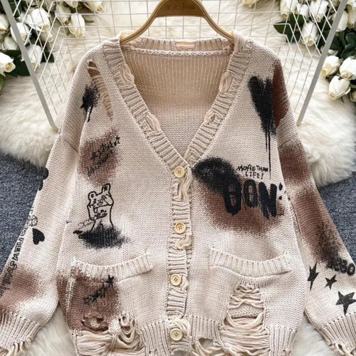 Load image into Gallery viewer, Autumn Winter Women Beige Graffiti Print Loose Long Sleeve Fashion Cardigan Knitted Sweaters Korean Casual Button Hole Tops Chic
