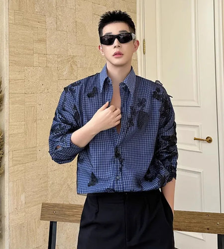 Men's Shirts Long Sleeve Two-piece Butterfly Mesh Design Threedimensional Butterfly Decoration Male Top Summer 9W1877