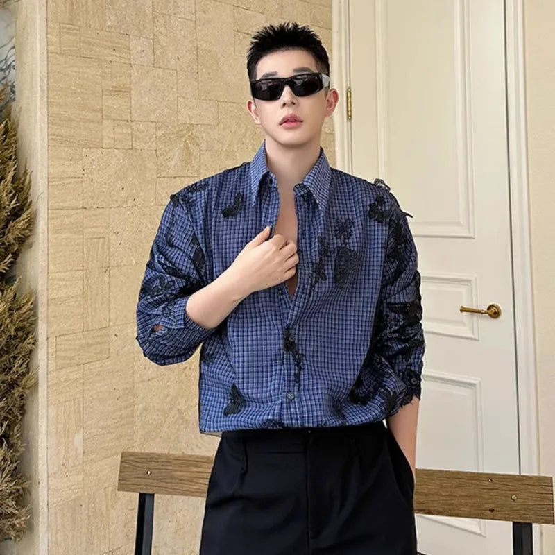 Men's Shirts Long Sleeve Two-piece Butterfly Mesh Design Threedimensional Butterfly Decoration Male Top Summer 9W1877