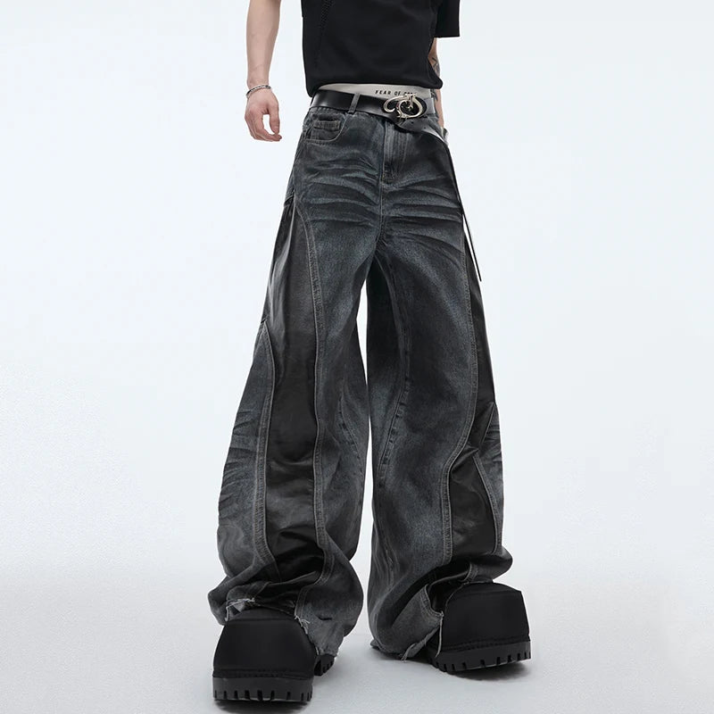 Niche Deign Male Denim Pants PU Leather Patchwork Worn-out Vintage Bottom Straight Wide Leg Male Jeans Summer 24Y155