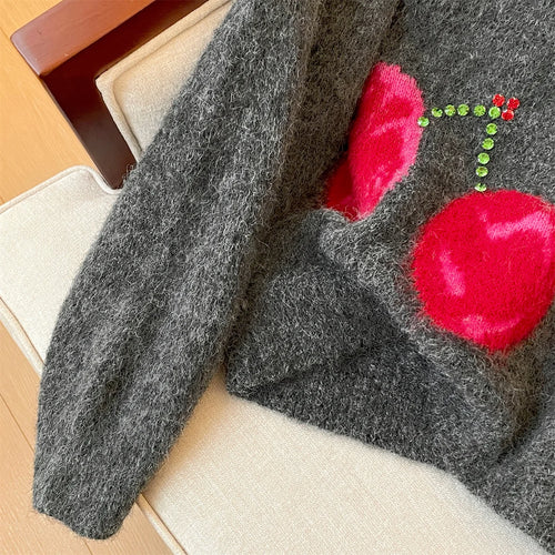 Load image into Gallery viewer, Autumn Winter Grey Patchwork Diamond Elegant Short Knitted Sweater Korean Women's Round Neck Long Sleeved Festival Pullover Tops
