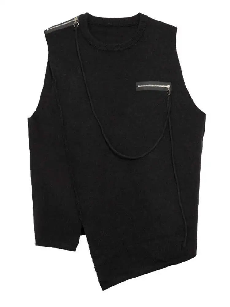 Gray Irregular Slit Big Size Knitting Sweater Round Neck Sleeveless Women Pullovers New Fashion Spring Autumn 2025 1DH7484