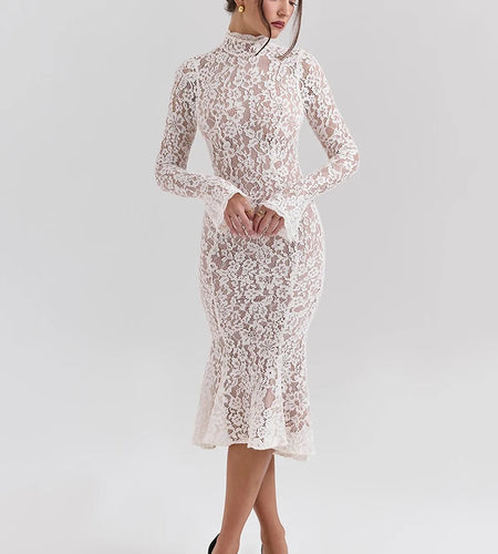 Lace Long Sleeve Sexy Midi Dress For Women Elegant White Half High Collar High Waist Bodycon Club Party Sexy Long Dress