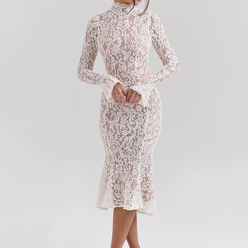 Load image into Gallery viewer, Lace Long Sleeve Sexy Midi Dress For Women Elegant White Half High Collar High Waist Bodycon Club Party Sexy Long Dress
