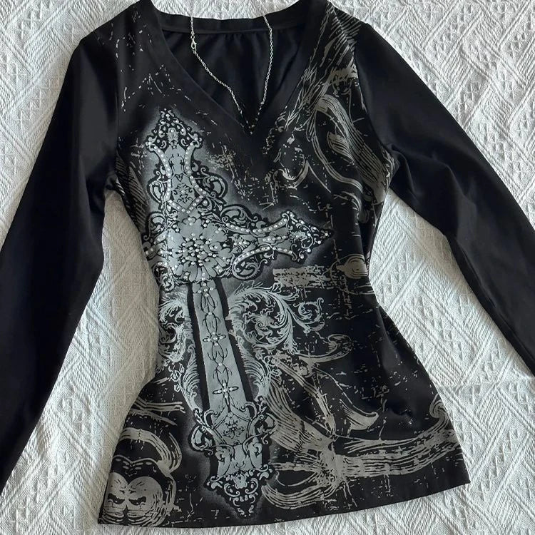 Y2k Aesthetic Vintage Printing Shirts Streetwear Tie-dye Black Loose Tshirts Harajuku Autumn Women Punk Diamond Grunge T-shirt