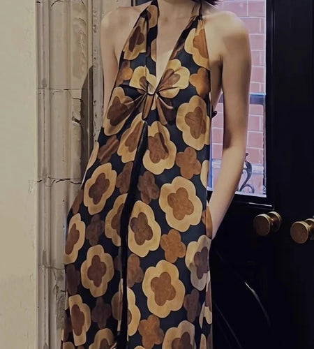 Loose Printing Casual Long Dresses for Women Halter Sleeveless Patchwork Ruffles Folds Dress Female Clothing New