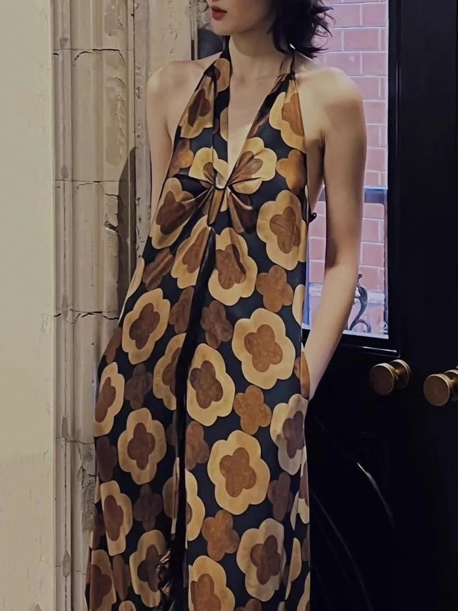 Loose Printing Casual Long Dresses for Women Halter Sleeveless Patchwork Ruffles Folds Dress Female Clothing New