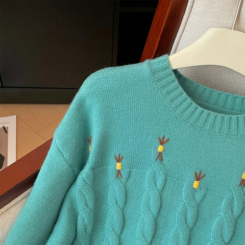 Load image into Gallery viewer, Korean Retro Women's Blue Embroidery Round Neck Vacation Twists Knit Sweater Autumn Winter Red Long Sleeve Fashion Pullover Tops
