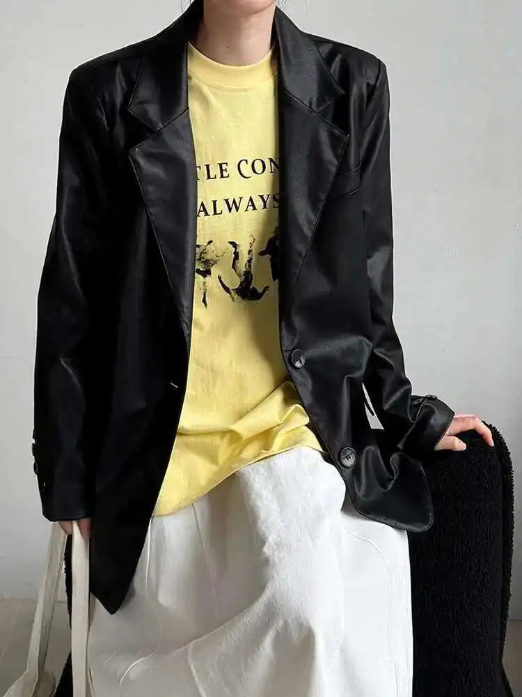 Coffee Brief Big Size Casual PU Leather Jacket New Lapel Long Sleeve Women Coat Fashion Tide Spring Autumn 2025 1DH9978