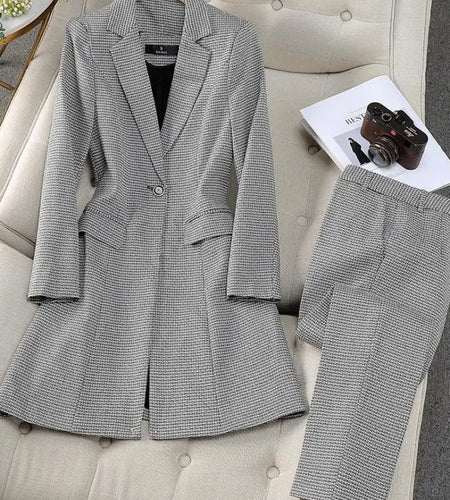 Autumn Winter Women Formal Office Lady Business Two Pieces Set Slim Plaid Blazer Long Coat And High Waist Ankle-length Pant Suit