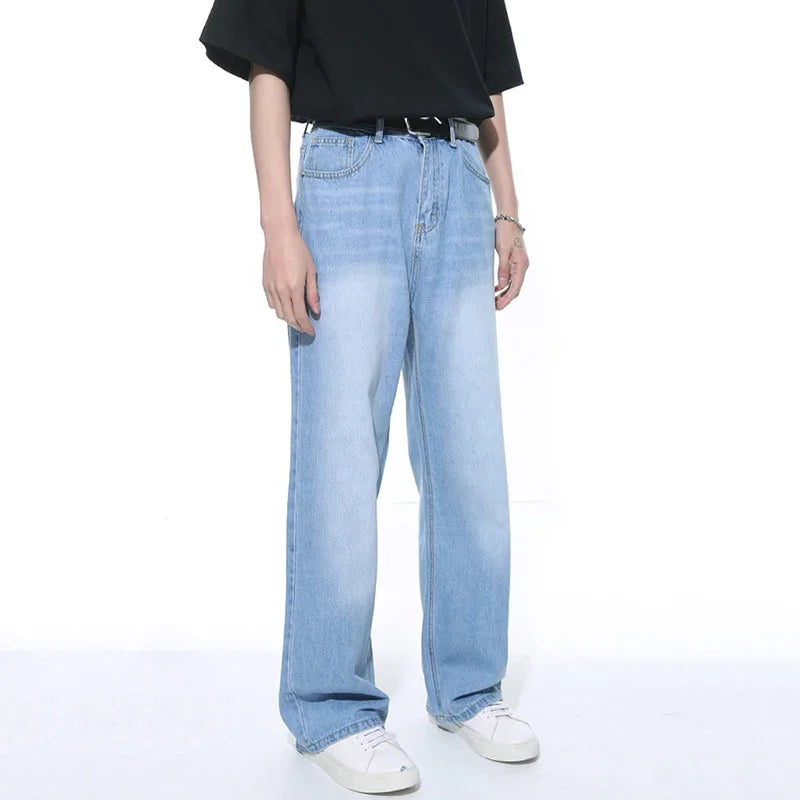 Jeans Korean Wide Leg Denim Pants Loose Zipper Casual Pocket Simple Male Trousers Autumn Fashion Trend 9C5253