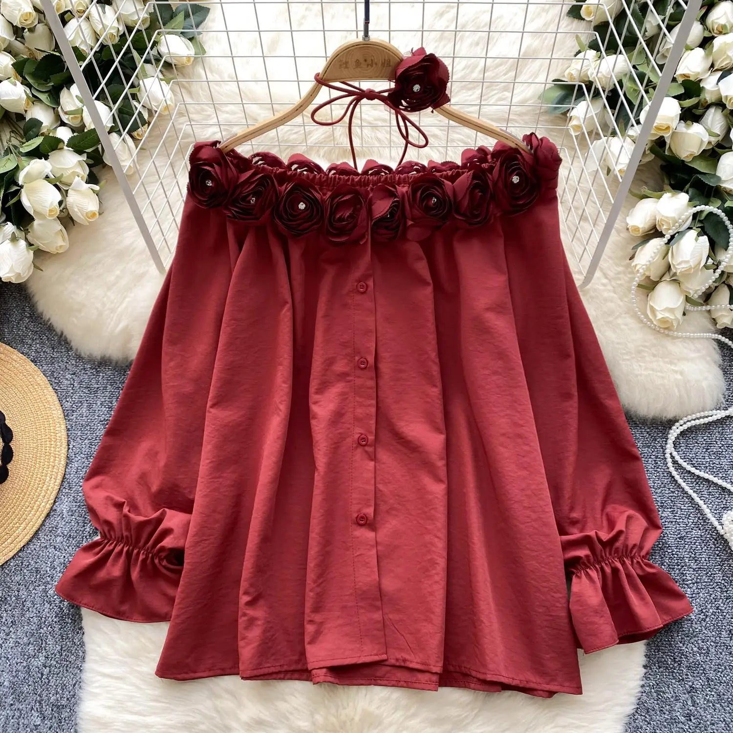 Autumn Korean Fashion Solid Diamond Floral Decoration Shirt Women Long Sleeves Off Shoulder Top Versatile Single Breasted Blouse