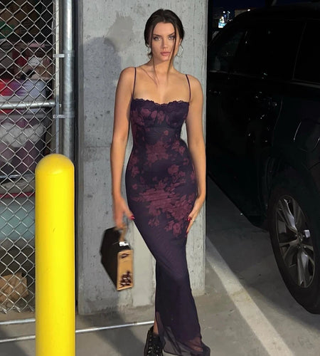 Sexy Elegant Spaghetti Strap Floral Print Maxi Dress Lace Up Bodycon Prom Party Dresses Backless Women Formal Dress