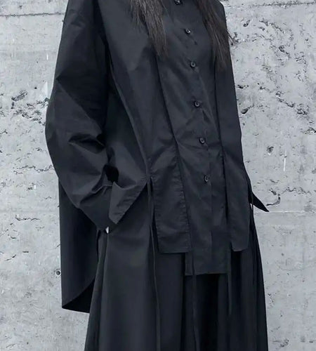 Women Black Irregular Slit Hem Big Size Casual Blouse New Lapel Long Sleeve Shirt Fashion Tide Spring Autumn 2025 1DH5095