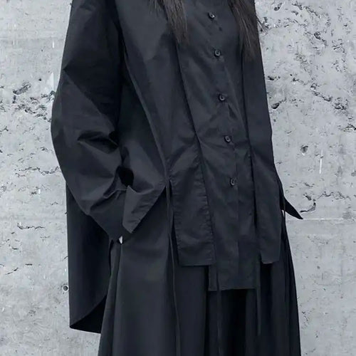 Load image into Gallery viewer, Women Black Irregular Slit Hem Big Size Casual Blouse New Lapel Long Sleeve Shirt Fashion Tide Spring Autumn 2025 1DH5095
