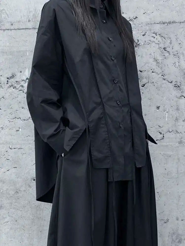 Women Black Irregular Slit Hem Big Size Casual Blouse New Lapel Long Sleeve Shirt Fashion Tide Spring Autumn 2025 1DH5095