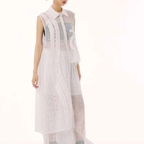 Load image into Gallery viewer, Women White Hollow Out Big Size Long Elegant Shirt Dress New Lapel Sleeveless Fashion Tide Spring Autumn 2025 1DH9424
