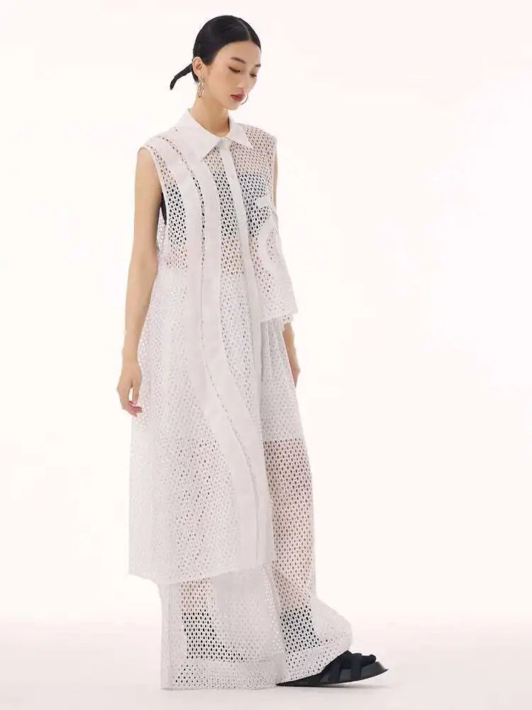 Women White Hollow Out Big Size Long Elegant Shirt Dress New Lapel Sleeveless Fashion Tide Spring Autumn 2025 1DH9424