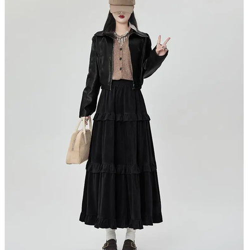 Load image into Gallery viewer, French Women Solid Elegant Vacation Cake Pleated Long Skirts 2024 Autumn Winter New High Waist Ruffle Edge Party Skirt Fashion
