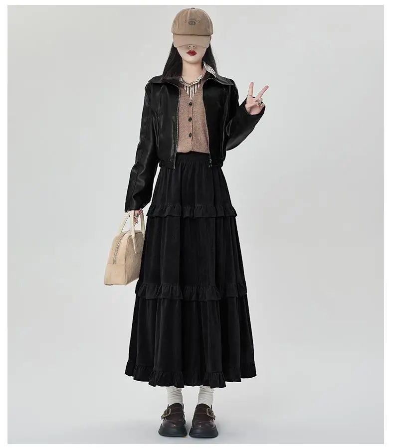 French Women Solid Elegant Vacation Cake Pleated Long Skirts 2024 Autumn Winter New High Waist Ruffle Edge Party Skirt Fashion