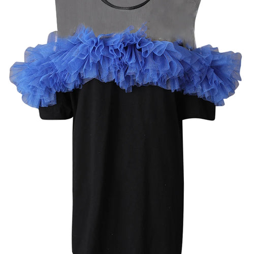 Load image into Gallery viewer, Women Black Mesh Perspective Ruffles Big Size Long T-shirt New Round Neck Short Sleeve Fashion Spring Summer 2025 CPG3036
